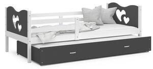 Dětská postel MAX P2 80x190 cm s bílou konstrukcí v šedé barvě s motivem srdíček