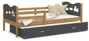 Dětská postel MAX P2 90x200cm s borovicovou konstrukcí v šedé barvě s motivem vláčku