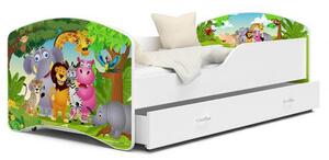 Dětská postel IGOR 80x180 cm v bílé barvě se šuplíkem ZVIŘATKA Z JUNGLE