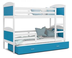 Dětská patrová postel MATYAS 3 80x190 cm s bílou konstrukcí v modré barvě s přistýlkou