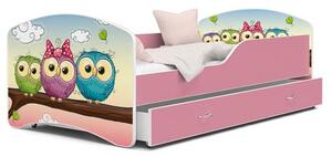 Dětská postel IGOR 80x160 cm v růžové barvě se šuplíkem SOVIČKY