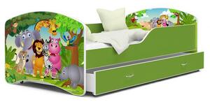 Dětská postel IGOR 80x160 cm v zelené barvě se šuplíkem ZVÍŘATKA Z JUNGLE