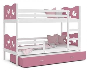 DOBRESNY Dětská patrová postel MAX 3 80x190 cm s bílou konstrukcí v růžové barvě s motýlky
