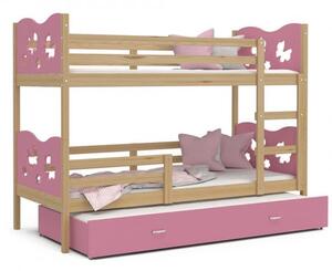 DOBRESNY Dětská patrová postel MAX 3 80x190 cm s borovicovou konstrukcí v růžové barvě s motýlky