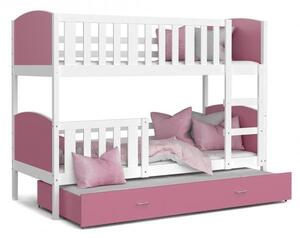 Dětská patrová postel TAMI 3 90x200 cm s bílou konstrukcí v růžové barvě s přistýlkou