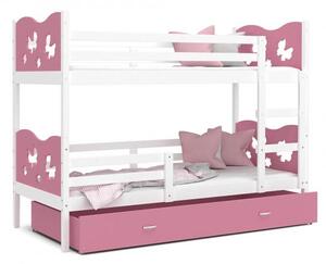 Dětská patrová postel MAX 160x80 cm s bílou konstrukcí v růžové barvě s MOTÝLKY