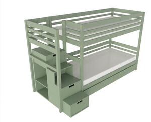 Patrová postel TULY s úložnými schody 90x200 cm - Šalvějová zelená, Zvolte šuplík: Dvojitý úložný šuplík, Zvolte stranu: Vlevo