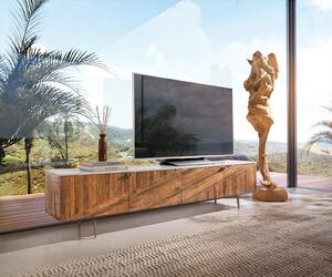 DELIFE TV stolek Bahan 200 cm mango teak 4 dvířka mramorová deska bílá rohová podnož nerezová ocel