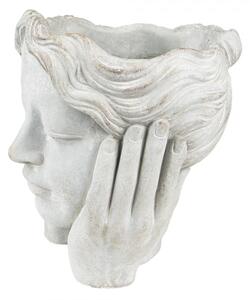 Šedý cementový květináč hlava dívky v dlaních L – 20x23x25 cm