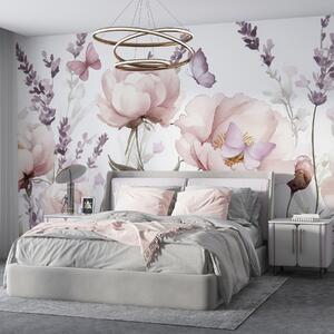Fototapety Květinová louka, pivoňky, levandule, motýli, akvarelový styl, růžové barvy, Fototapety květiny, w03668 : uwalls.cz