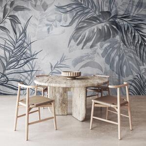 Fototapety Monstera a palmové listy v odstínech modré a šedé, botanické, tropické listí,, Fototapety les, Fototapety tropické, w09011v1 : uwalls.cz