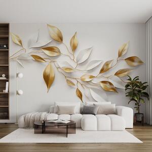 Fototapety Žluté a bílé listy na větvi , elegantní design, bílé pozadí, minimalistický styl, dekorativní umění ,, Fototapety 3D, w09015 : uwalls.cz