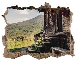 Díra 3D ve zdi nálepka Dřevěný dům hory nd-k-131816797
