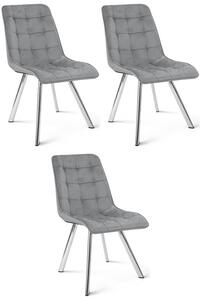 Set tří jídelních židlí CIEZA sametové, světle šedé / stříbrné nohy (3 ks)