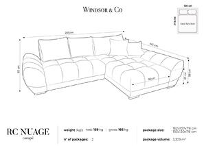 Šedá Čtyřmístná rozkládací sametová pohovka s úložným prostorem Nuage pravý roh 285 × 192 × 92 cm WINDSOR & CO