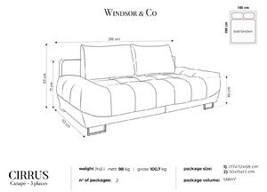 WINDSOR & CO Trojmístná rozkládací sametová pohovka s úložným prostorem Cirrus 215 × 112 × 90 cm