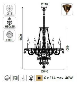 ACA DECOR Křišťálový lustr LILIUM max. 6x40W/E14/230V/IP20, zlatý