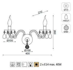 ACA DECOR Křišťálové nástěnné svítidlo TULIA max. 2x40W/E14/230V/IP20