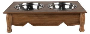 Misky pro zvířata v hnědém antik dřevěném stojanu - 41*22*12 cm / 2*500 ml - Clayre & Eef