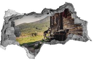 Díra 3D ve zdi nálepka Dřevěný dům hory nd-b-131816797