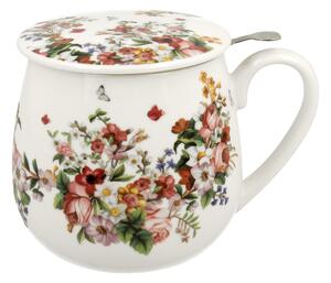 DUO VINTAGE FLOWERS WHITE Hrnek na čaj se sítkem a víčkem baculka 430 ml