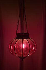 Skleněná lampa, fialová, železné prvky, prům. 28cm, výška 26cm