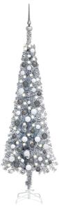 Úzký vánoční stromek s LED a sadou koulí stříbrný 150 cm