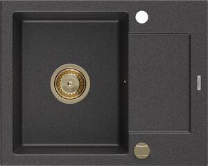 Mexen Enzo, granitový dřez 576x465x174 mm, 1-komorový, černá skvrnitá se zlatým sifonem, 6506571005-76-G