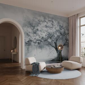 Fototapety Abstraktní tlumené modré květy stromu v plném květu, vedle řeky, jemné tahy, Fototapety les, Fototapety stromy, w09193v2 : uwalls.cz