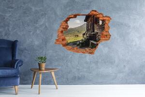 Díra 3D ve zdi nálepka Dřevěný dům hory nd-c-131816797