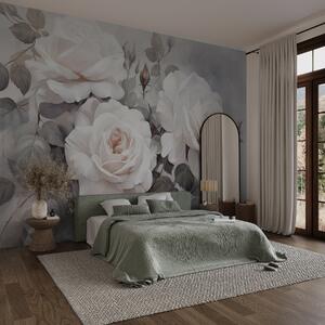 Fototapety Texturované bílé růže s listy a stonky, jemné tlumené pastelové barvy, elegantní vintage styl ,, Fototapety květiny, w09198 : uwalls.cz