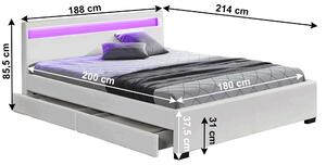 Manželská postel 180x200 cm s úložným prostorem, roštem a LED osvětlením bílá ekokůže TK3016