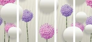5-dílný obraz zajímavé květy s abstraktními prvky a vzory - 100x50 cm