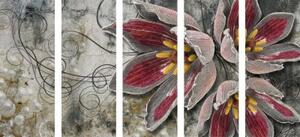 5-dílný obraz květiny s perlami - 100x50 cm