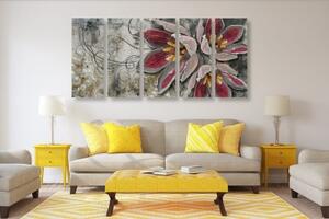5-dílný obraz květiny s perlami - 100x50 cm