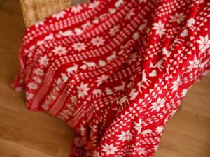 Červená vánoční mikroplyšová deka JELEN A VLOČKA, 150x200 cm