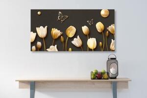 Obraz tulipány se zlatým motivem - 100x50 cm
