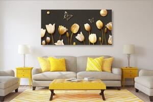 Obraz tulipány se zlatým motivem - 100x50 cm