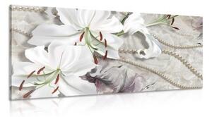 Obraz bílá lilie s perlami - 100x50 cm