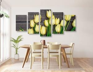 5-dílný obraz okouzlující žluté tulipány na dřevěném podkladu - 100x50 cm