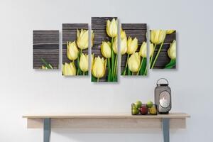 5-dílný obraz okouzlující žluté tulipány na dřevěném podkladu - 100x50 cm