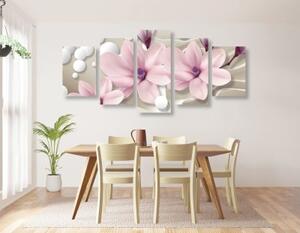 5-dílný obraz magnolie na abstraktním pozadí - 100x50 cm