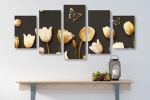 5-dílný obraz tulipány se zlatým motivem - 100x50 cm