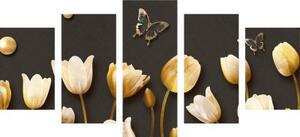 5-dílný obraz tulipány se zlatým motivem - 100x50 cm