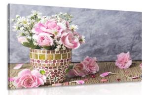Obraz květiny karafiátu v mozaikovém květináči - 90x60 cm