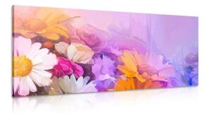 Obraz olejomalba pestrobarevných květů - 150x50 cm