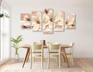 5-dílný obraz luxusní magnolie s perlami - 100x50 cm