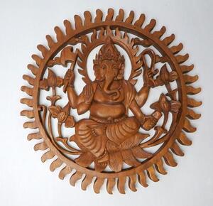 Závěsná dekorace Mandala GANESHA hnědá, exotické dřevo, ruční práce, 40 cm