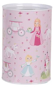 Růžová plechová kasička s motivem pohádek a princezen – 10x15 cm