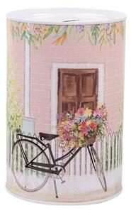 Růžová plechová kasička s motivem s kolem a okenicí – 10x15 cm